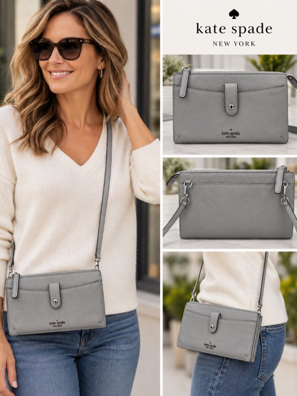 Kate Spade Jackson Small Tab Crossbody Nimbus Gray Leather Bag